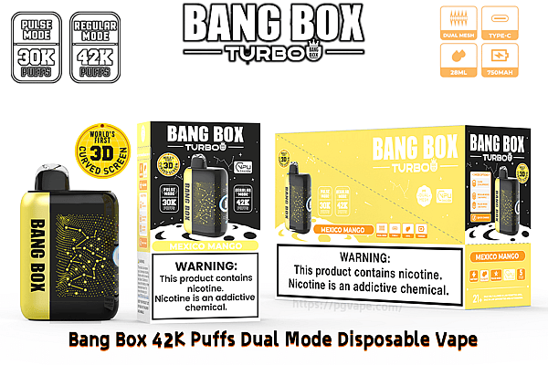 Bang Box Turbo disposable vape in Mexico Mango flavor with a black-yellow device beside packaging showing 42K puffs and dual-mode features.