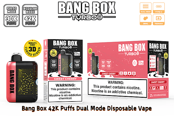 Bang Box Turbo Sweet Cherry disposable vape in pink/black packaging, dual-mode (Pulse/Regular), up to 42K puffs.
