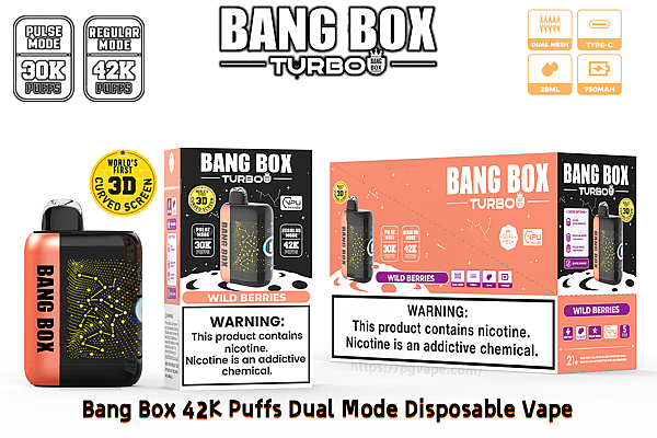 Bang Box Turbo disposable vape with orange device beside black and pink Wild Berries packaging, showing 30K and 42K puff modes.