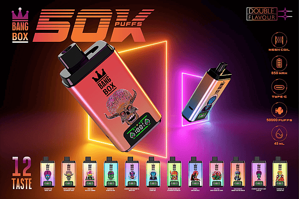 Bang Box 50X Puffs poster showing two colorful vape devices with neon geometric lights and 12 flavor bottles along the bottom