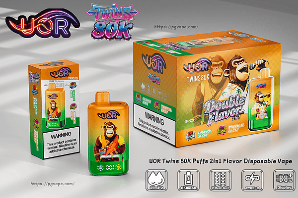 UOR Twins 80K disposable vape with orange soda flavor, featuring two monkeys on the orange box and bottle.