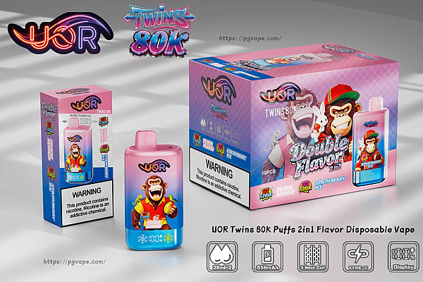 Pink-purple UOR Twins 80K 2in1 disposable vape packaging with cartoon monkey, pink bottle, and a box showing fruit flavors.