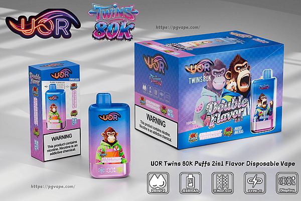 UOR Twins 80K disposable vape set: blue gradient bottle with a cartoon monkey in a hoodie beside a matching box featuring monkeys and Strawberry Watermelon flavor with a nicotine warning