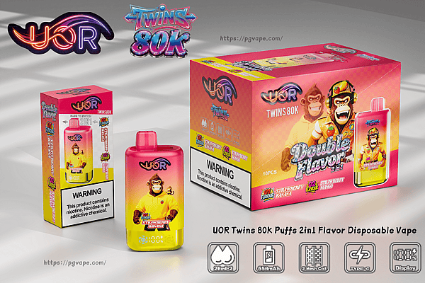Bright pink and yellow UOR Twins 80K disposable vape box with monkey mascot, pink bottle, and Strawberry Banana flavor.