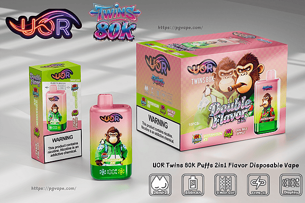 UOR Twins 80K disposable vape set with pink gradient bottle and pink box featuring cartoon monkeys and Watermelon Ice flavor.