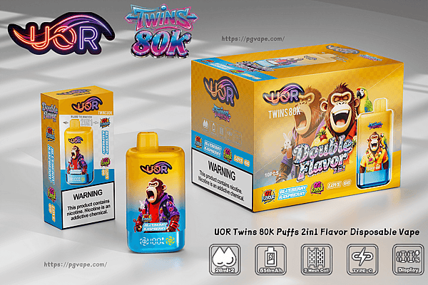 Bright yellow UOR Twins 80K disposable vape packaging with cartoon monkeys and 2in1 flavors Blueberry Raspberry and Love 66.