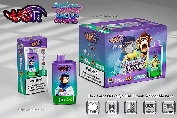 UOR Twins 80K Puffs 2in1 Flavor Disposable Vape with a purple bottle and a box featuring a cartoon monkey mascot.