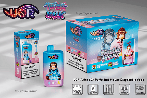 UOR Twins 80K Puffs 2in1 Flavor disposable vape with blue and pink packaging, monkey and gorilla mascots, Blueberry Ice