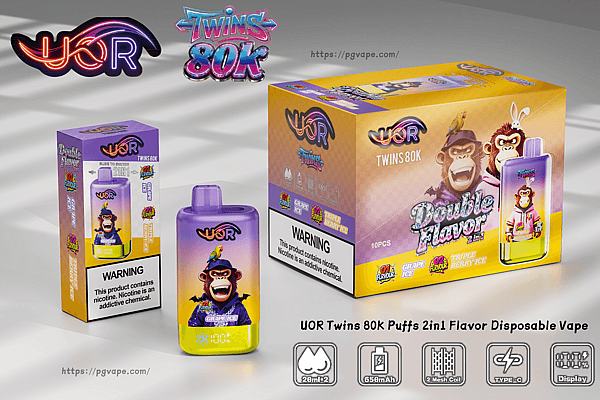 UOR Twins 80K disposable vape set: purple-to-yellow bottle and two colorful boxes with cartoon characters and UOR branding.