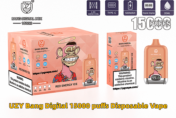 ピンクとオレンジ色の小売箱と、「BANG DIGITAL 15000 PUFFS — RED ENERGY ICE」とラベルが貼られた対応する使い捨て電子タバコ。後光を付けてニヤリと笑う猿の漫画、メッシュ コイルの製品アイコン、Type-C 充電、デジタル ディスプレイと 20 ml の容量、目立つニコチン警告ラベル、さらに別の小さな箱とデバイスの画像が特徴です。.