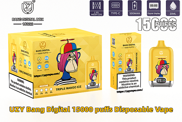 明るい黄色のパッケージと、それに合わせた UZY Bang Digital 15000 パフ - トリプル マンゴー アイス - ピンクの髪とプロペラ キャップをした漫画の猿、デジタル ディスプレイ付きの写真のデバイス、メッシュ コイルのトップ アイコン、Type-C 充電と 20 ml、目に見えるニコチン警告ラベルが特徴の使い捨て電子タバコのラベルが付いています。.