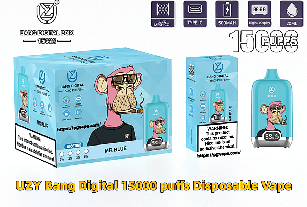 ターコイズ色のリテール ボックスと、「MR ブルー」のラベルが付いた対応する使い捨て電子タバコ。喫煙している漫画の猿と大胆な「UZY Bang Digital 15000 パフ」のブランディングが特徴で、メッシュ コイル、Type-C 充電、デジタル ディスプレイ、20ml のアイコンに加えて、ニコチン警告ラベルとデバイス上の小さなデジタル充電/読み出しが表示されます。.