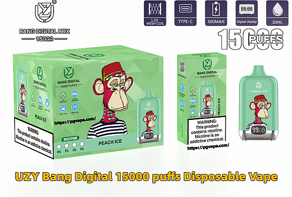 緑色の UZY Bang デジタル使い捨て電子タバコのパッケージと、赤い帽子をかぶった退屈そうな漫画の猿が特徴のミントグリーンのデバイス。15,000 パフとデジタル パフ カウンター付きピーチ アイス フレーバーのラベル、Type-C 充電とメッシュ コイルのアイコン、ニコチン警告が表示されます。.