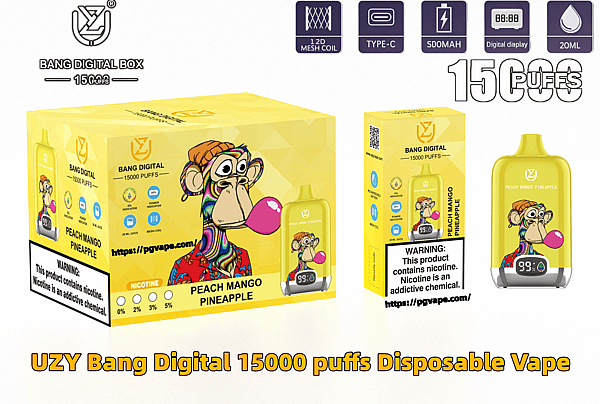 明るい黄色の製品パッケージと、ピンクの泡を吹くカラフルなサルのアニメを描いた対応する使い捨て電子タバコ。ピーチ マンゴー パイナップル味の UZY Bang Digital 15000 パフとメッシュ コイル、Type-C 充電、デジタル ディスプレイ、20ml リキッドのアイコン、さらにニコチン警告ラベルが付いています。.