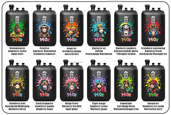 Two rows of six Bang Blaze e-liquid bottles, black with colorful animal illustrations and a 140k label, each with its flavor name shown beneath.