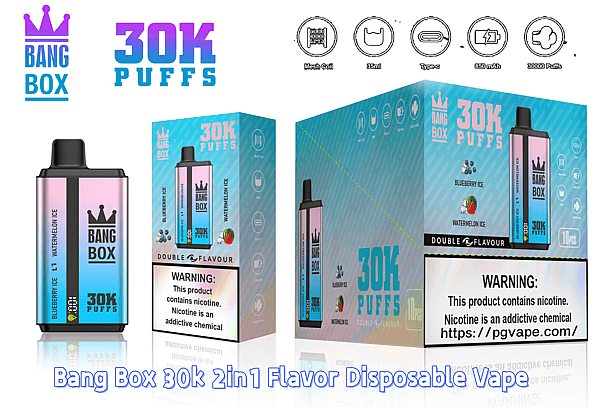 Bang Box 30K Puffs disposable vape in blue gradient with boxes; flavors Blueberry Ice and Watermelon Ice