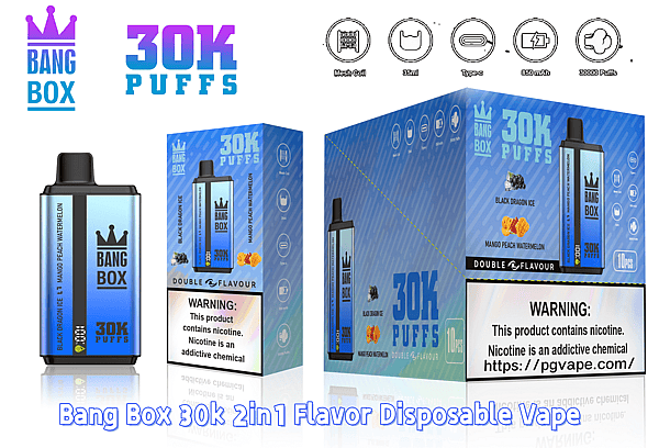 Blue gradient Bang Box 30K Puffs disposable vape with crown logo, displayed next to blue packaging and a Mango Peach Watermelon device.