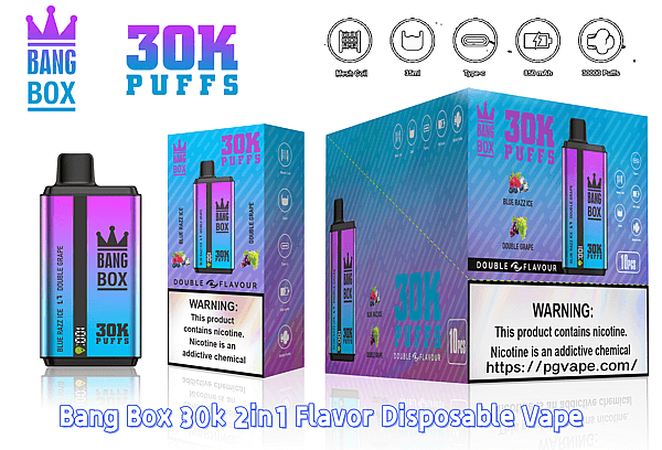 Bang Box 30K Puffs disposable vape with blue gradient bottle and packaging, showing Blue Razz Ice and Double Grape flavors.