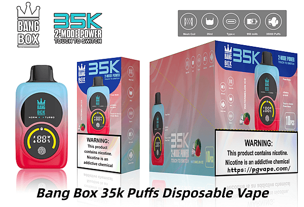 Bang Box 35K disposable vape with a blue-pink gradient body, black mouthpiece, and bold 35K puffs packaging.