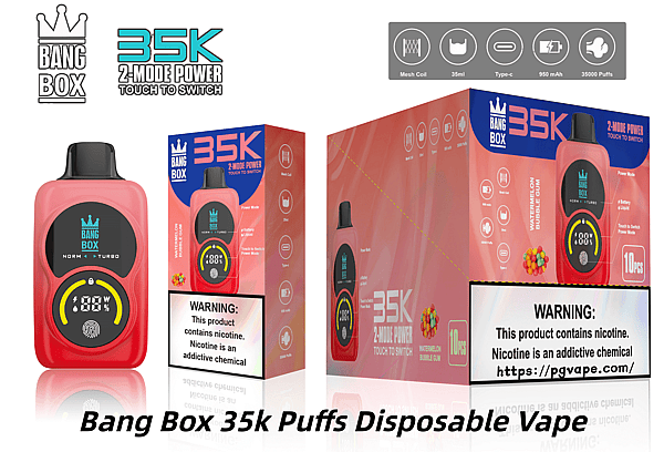 Pink Bang Box 35k Puffs disposable vape with watermelon bubble gum flavor, shown with packaging and 2-mode power switch icons.