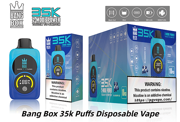Blue Bang Box 35K disposable vape with touch-to-switch, shown with blue blueberry ice packaging and a nicotine warning.