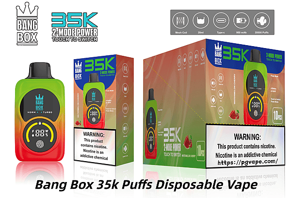 Bang Box 35K disposable vape in neon gradient, shown with colorful packaging and warning label.