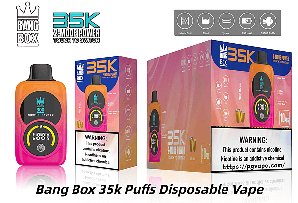 Bang Box 35K disposable vape in pink-orange with black mouthpiece and display, shown with packaging and nicotine warning.