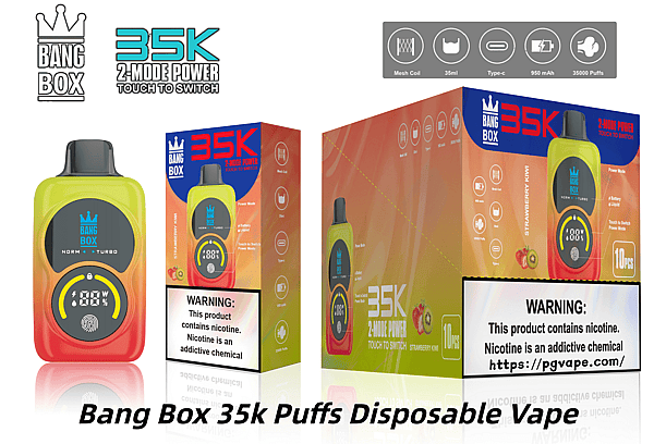 Bang Box 35k disposable vape with 2-mode power and touch-to-switch, neon yellow device shown beside orange packaging.
