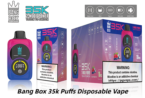 Bang Box 35k disposable vape with a pink-to-blue gradient device and bold packaging showing 35K logo.