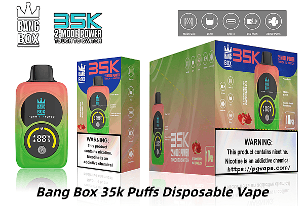 Bang Box 35k disposable vape with rainbow gradient body and green packaging, 2-mode power and strawberry watermelon flavor.