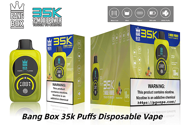 Bright yellow Bang Box 35k disposable vape with a black mouthpiece, shown with two-mode power and green packaging.