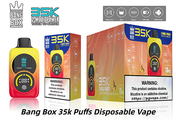 Bright yellow Bang Box 35K disposable vape with crown logo, shown beside colorful packaging boxes and a nicotine warning label.