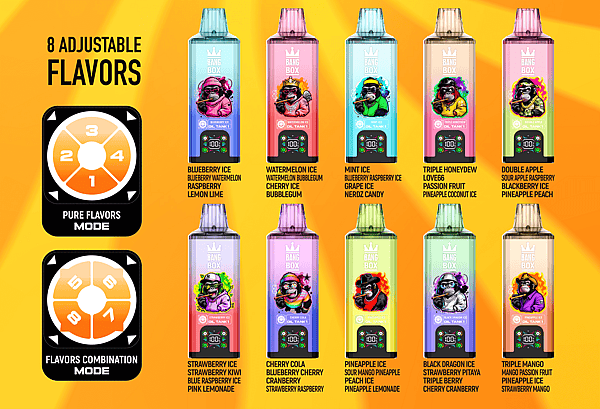 Ten colorful Bang Box vape bottles arranged in two rows on a bright orange background, with two circular mode icons on the left.