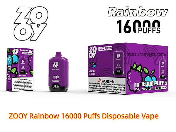 Purple ZOOY Rainbow disposable vape device and matching boxes labeled 16000 PUFFS and Mixed Berry, with berry illustrations, product logo and a visible warning label.