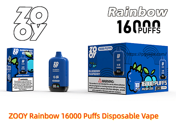 Blue ZOOY Rainbow disposable vape device displayed alongside a retail box and a bulk box, labeled "16000 PUFFS" and "Blueberry Raspberry," featuring brand logos and a visible warning label.