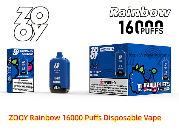 Blue ZOOY Rainbow disposable vape device and matching retail box prominently labeled “16000 PUFFS” and “Blue Razz Cherry,” shown with brand logos, berry flavor graphics and a visible warning label.