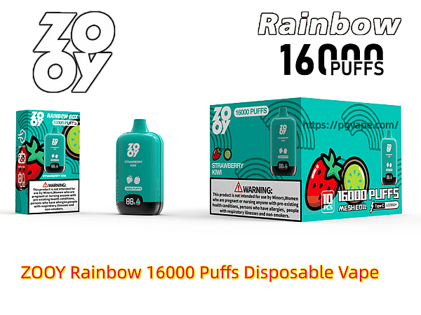 Turquoise ZOOY Rainbow disposable vape device and two matching product boxes labeled 16000 puffs and Strawberry Kiwi flavor, shown with brand logos and prominent 'Rainbow 16000 PUFFS' text.