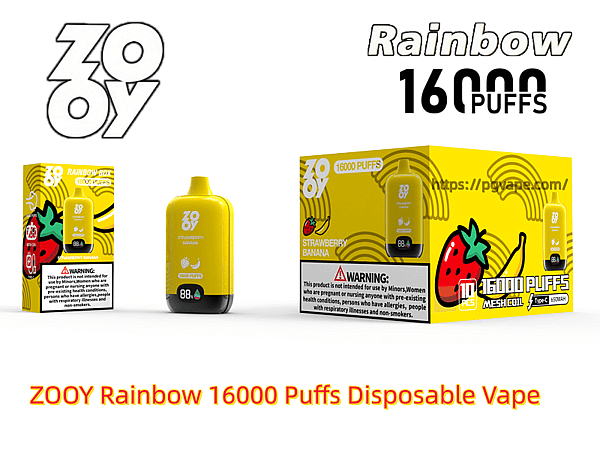 Yellow ZOOY Rainbow 16000 Puffs disposable vape device displayed with matching bright yellow retail boxes showing strawberry and banana illustrations, bold product and brand logos, and a visible health warning label.