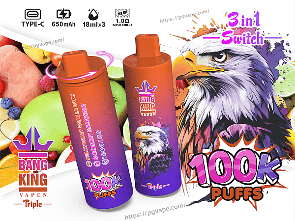 Two cylindrical orange-to-purple disposable vape devices labeled Bang King Vapen Triple with eagle artwork in front of a backdrop of sliced fruit and icons reading Type-C, 650mAh, 18ml×3, 1.0Ω mesh coil and prominent '3 in 1 Switch' and '100K puffs' callouts.