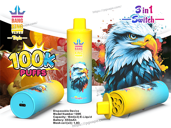 Colorful advertisement for Bang King disposable vape showing three yellow-to-blue cylindrical devices, a large illustrated eagle head, a bold '100K PUFFS' badge, '3 in 1 Switch' text, fruit splashes, and small product specifications at the bottom.