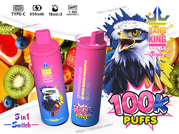 Colorful product ad featuring two pink-to-blue gradient disposable vape devices labeled Bang King Vape Triple with an illustrated eagle and fruit background, icons for Type-C, 650mAh and 18ml×3, and bold '100K PUFFS' text.