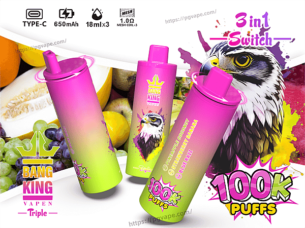 Three pink-to-green gradient disposable vape sticks branded "Bang King Vapen" displayed in front of fruit imagery with a large hawk illustration and promotional text reading "3 in 1 Switch" and "100K puffs".