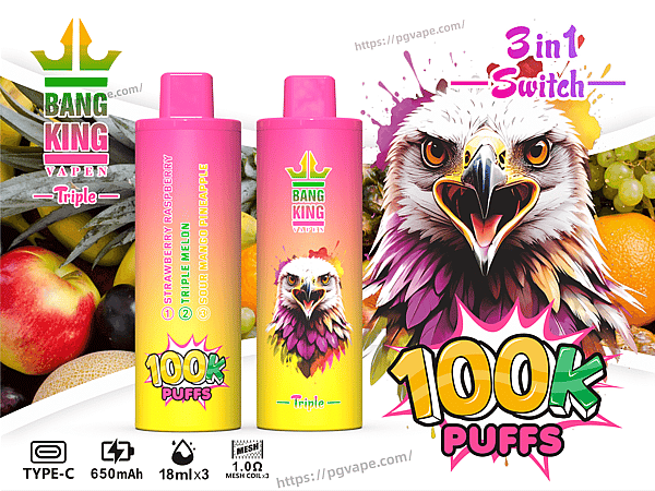 Bright pink-and-yellow Bang King Triple disposable vape packaging featuring two cylindrical devices, a large screaming eagle illustration, prominent "100K PUFFS" badge, "3 in 1 Switch" label, listed flavors (Strawberry Raspberry, Triple Melon, Sour Mango Pineapple) and technical icons for Type‑C, 650mAh, 18ml×3 and 1.0Ω mesh coil.
