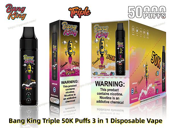 Product image of a black Bang King Triple 50K-puffs 3-in-1 disposable vape with rocket-themed graphics shown next to its colorful individual box and larger display box labeled 50K puffs, including a nicotine warning.