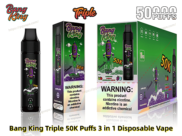 Black Bang King Triple disposable vape device alongside matching green-and-purple retail boxes labeled 50K puffs and Triple, featuring a purple rocket mascot, small flavor icons, and a prominent nicotine warning label.