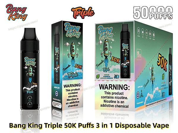 Black disposable vape device and two retail boxes branded 'Bang King Triple' featuring a cartoon rocket and '50K' puff labeling, with colorful packaging and a visible nicotine warning label.
