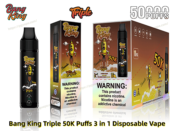 Black Bang King Triple disposable vape device with a rocket graphic, shown beside two matching orange-brown gradient product boxes labeled 50K puffs and a prominent nicotine warning label.