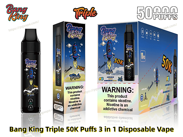 Black Bang King Triple disposable vape device with a blue rocket graphic and '50K' marking shown next to a slender retail box and larger display box featuring the same space/rocket artwork, 'Triple' and 'Bang King' logos, and prominent nicotine warning labels.