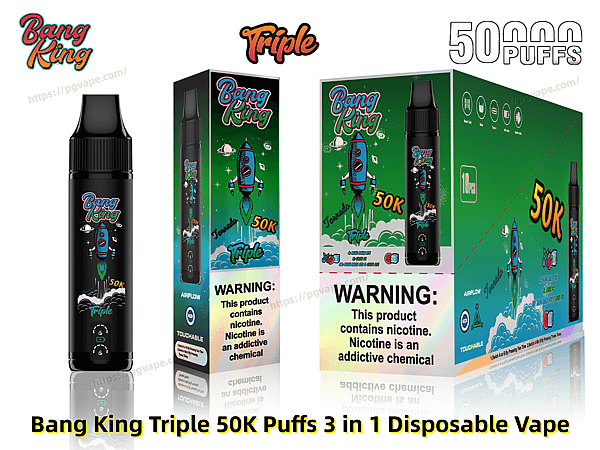 Black Bang King Triple disposable vape device next to its colorful green retail box and outer carton, all featuring a blue-and-red rocket graphic, prominent "50K" text and a visible nicotine warning label.