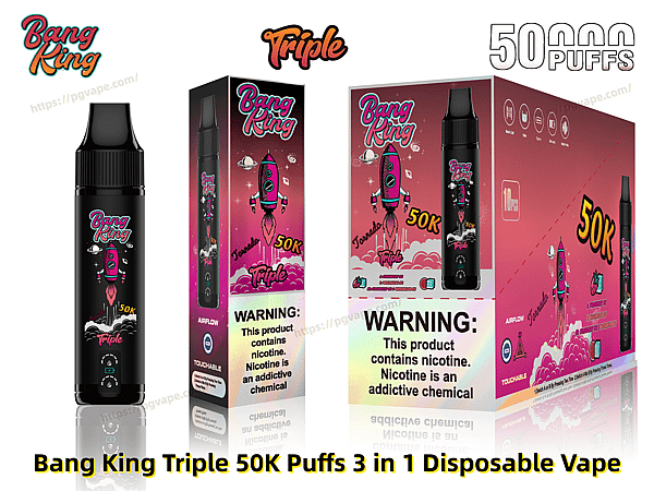 Close-up product image showing a black Bang King Triple disposable vape device alongside matching pink rocket-themed retail boxes labeled 50K/50,000 puffs, with visible nicotine warning panels and branding.